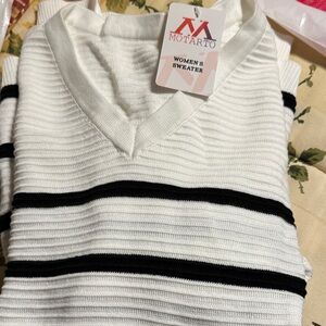 Women's V-Neck Sweater - White with Black Stripes